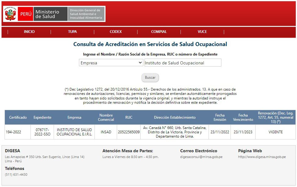 Instituto de Salud Ocupacional - DIGESA
